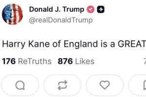 美国总统特朗普发文：英格兰的哈里·凯恩是一个伟大的球员！！！